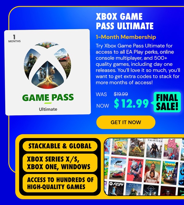 Xbox Game Pass Ultimate: 1-Month Membership - Stackable & Global - (Xbox Series X/S, Xbox One, Windows - Digital Code) - Final Sale