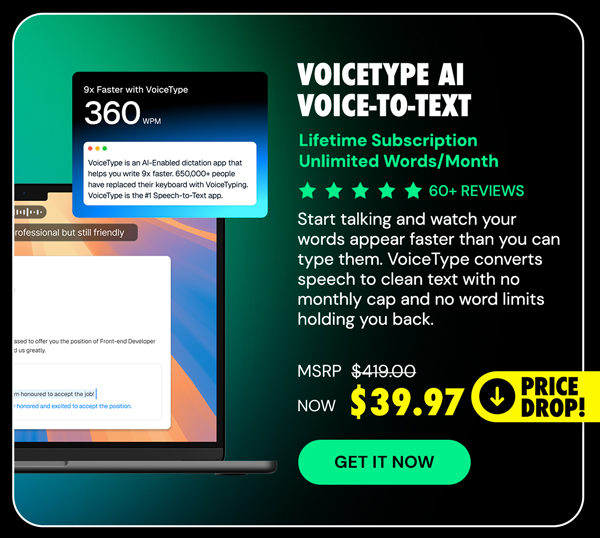 VoiceType AI Voice-to-Text: Lifetime Subscription (Unlimited Words/Month)