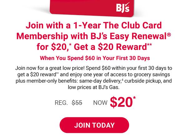 $65 for a 1-Year BJ's Wholesale The Club Card+ Membership with BJ’s Easy Renewal® (Terms Apply*)