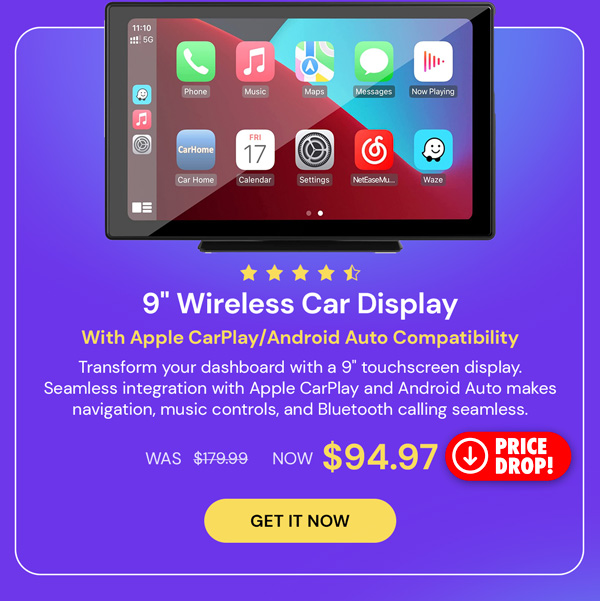 9" Wireless Car Display with Apple CarPlay/Android Auto Compatibility & Phone Mirroring