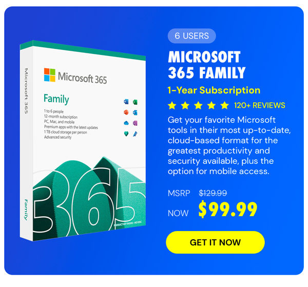 Microsoft 365: 1-Year Subscription (Family/Up to 6 Users)