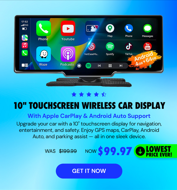 10" Touchscreen Wireless/WiFi/Bluetooth Car Display with Apple CarPlay and Android Auto Support