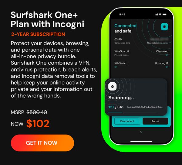 Surfshark One+ Plan with Incogni: 2-Year VPN, Antivirus & Personal Data Removal