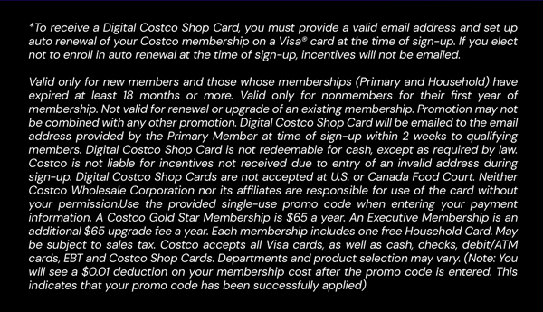 Digital Costco Shop Card Disclaimer | Terms & Conditions Apply - See Website for Details