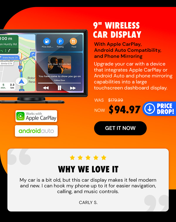 9" Wireless Car Display with Apple CarPlay/Android Auto Compatibility & Phone Mirroring