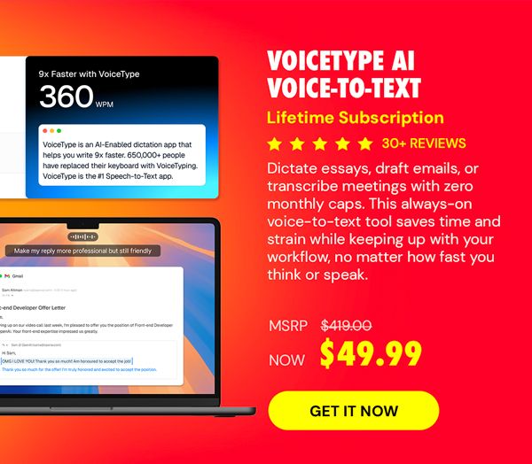 VoiceType AI Voice-to-Text: Lifetime Subscription (Unlimited Words/Month)