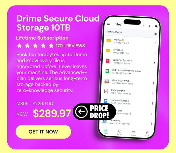 Drime Secure Cloud Storage: Lifetime Subscription (Advanced++ Plan/10TB)