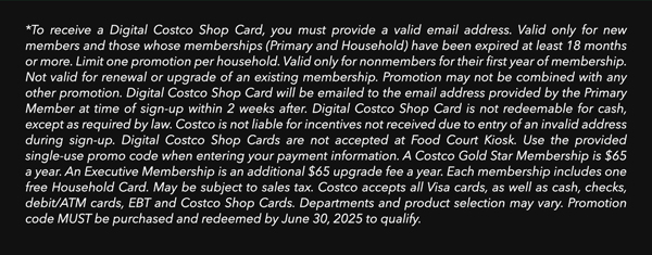 Digital Costco Shop Card Disclaimer | Terms & Conditions Apply - See Website for Details