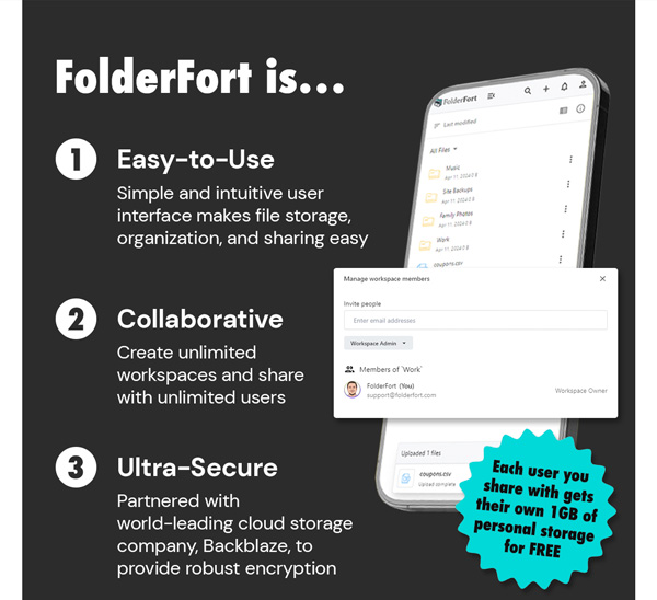 FolderFort 1TB Cloud Storage Pro Plan: Lifetime Subscription