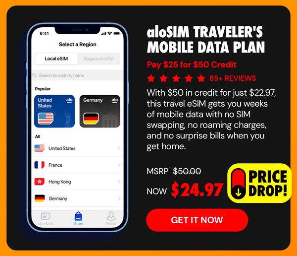 aloSIM Traveler's Mobile Data Plan: Pay $25 for $50 Credit