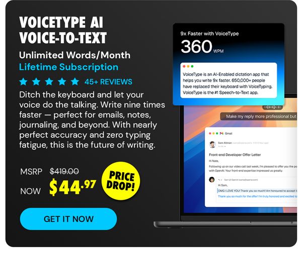VoiceType AI Voice-to-Text: Lifetime Subscription (Unlimited Words/Month)