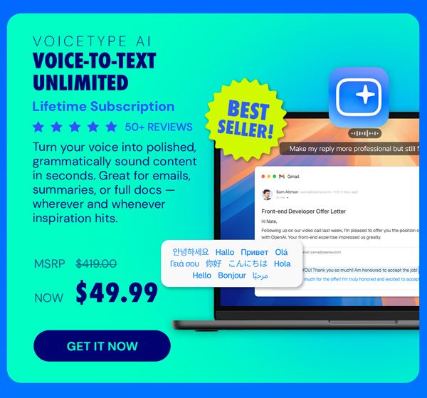 VoiceType AI Voice-to-Text: Lifetime Subscription (Unlimited Words/Month)