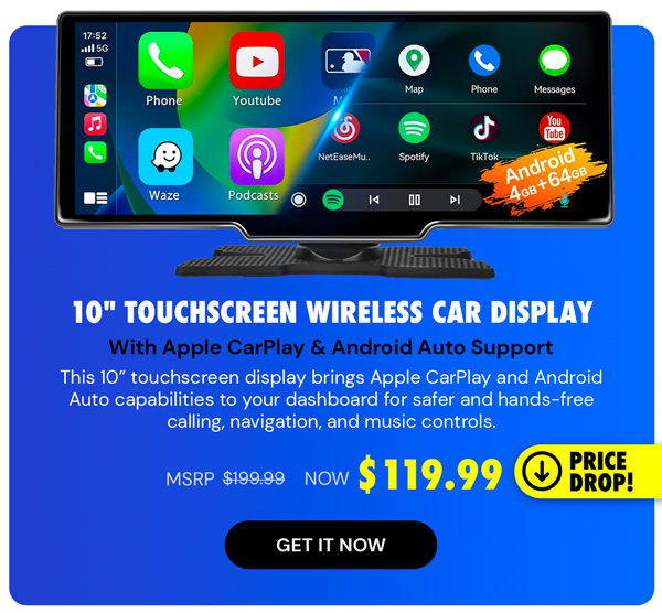 10" Touchscreen Wireless/WiFi/Bluetooth Car Display with Apple CarPlay and Android Auto Support
