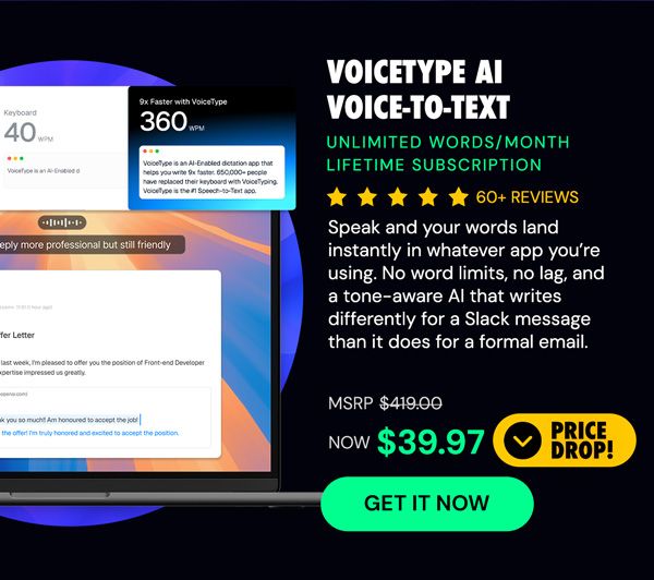 VoiceType AI Voice-to-Text: Lifetime Subscription (Unlimited Words/Month)