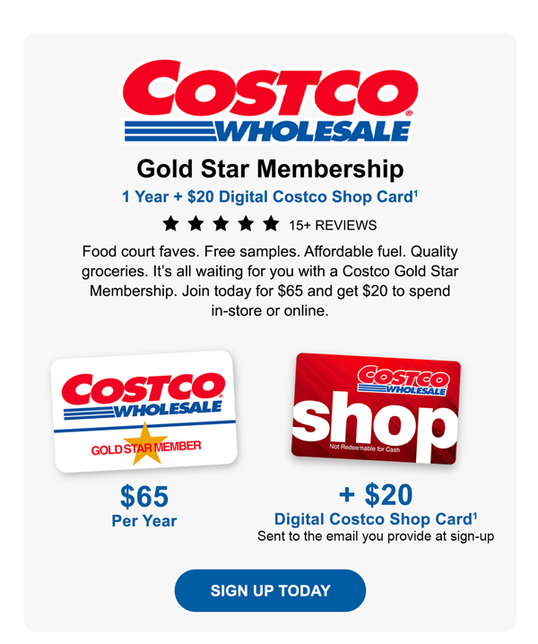 Costco 1-Year Gold Star Membership + $20 Digital Costco Shop Card