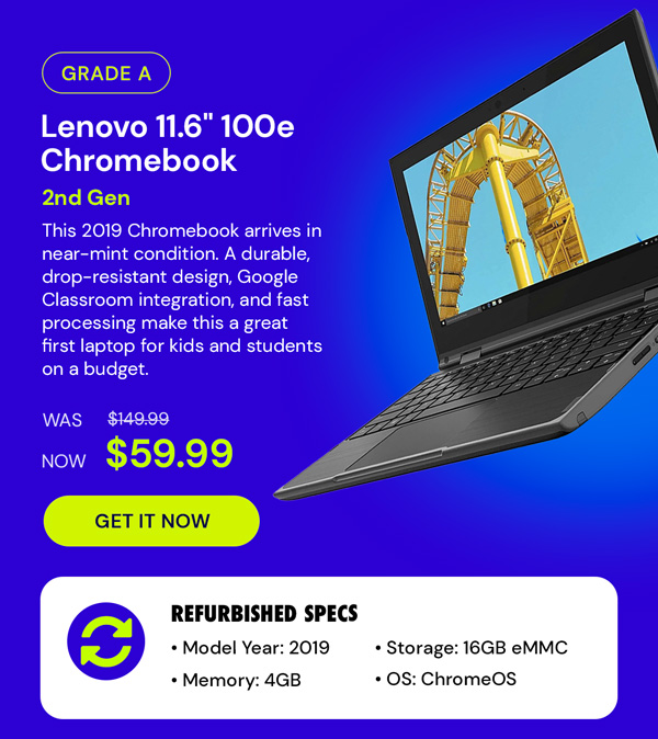 Lenovo 11.6" 100e Chromebook 2nd Gen (2019) 1.1GHz Celeron 4020 4GB RAM 16GB eMMC (Refurbished)