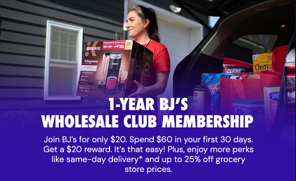 $20 for a one-year The Club Card Membership with BJ’s Easy Renewal®‹ + $20 reward› after making a $60 purchase. (Terms apply.)