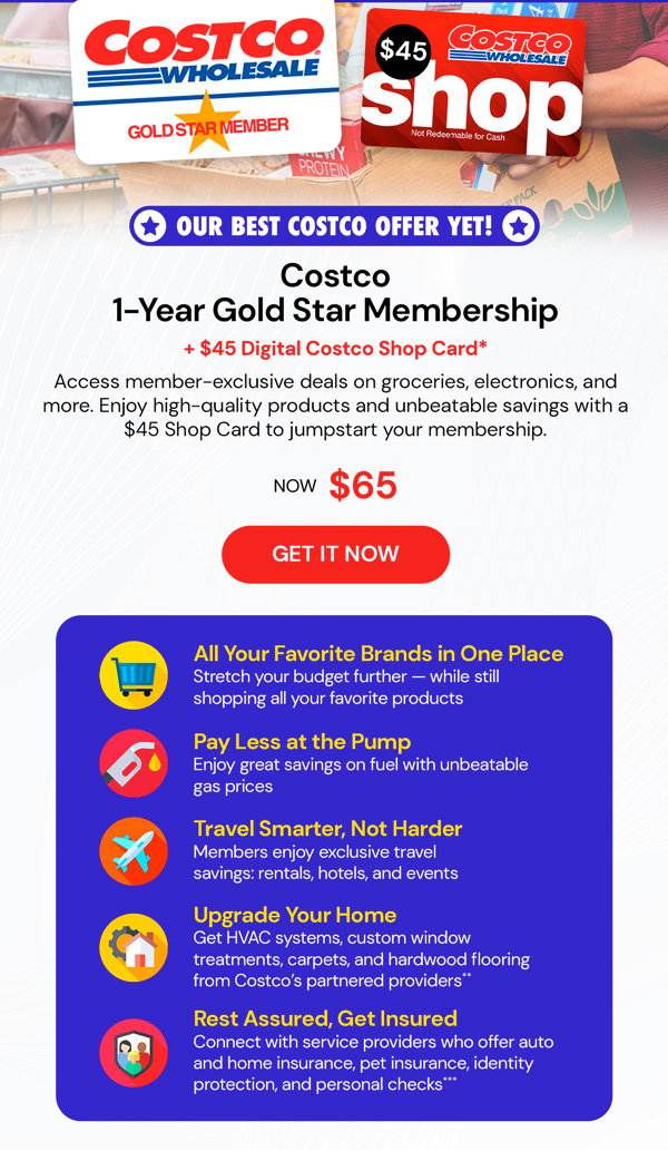Costco 1-Year Gold Star Membership + $45 Digital Costco Shop Card