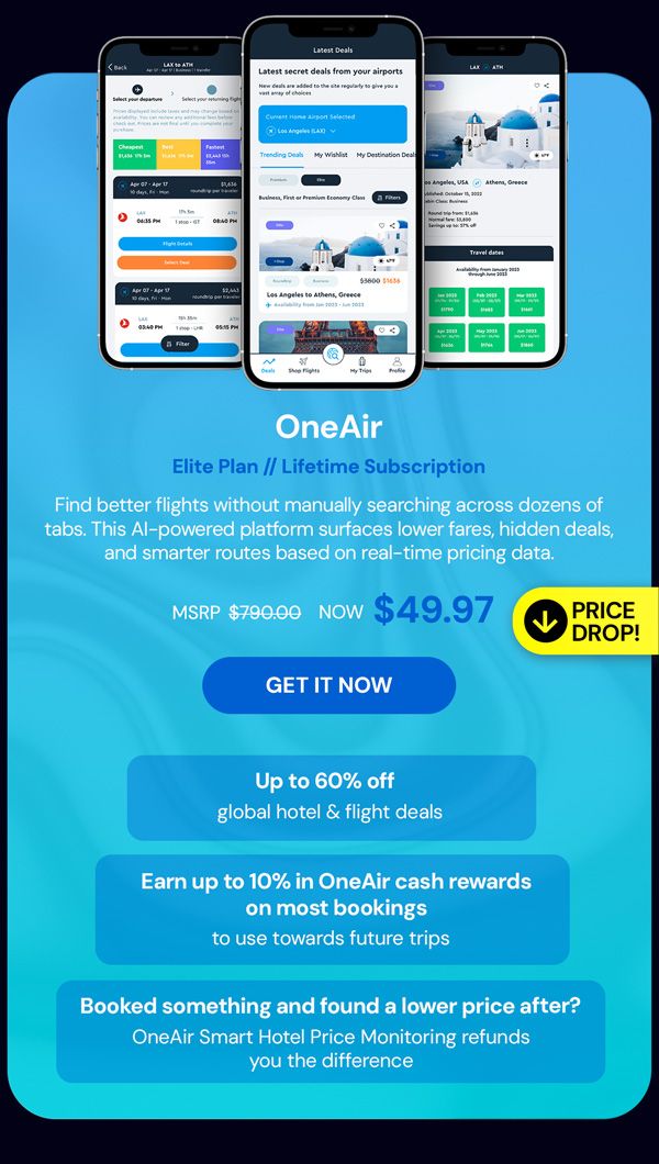 OneAir Elite Plan: Lifetime Subscription (Save Big on Flights, Hotels & More)