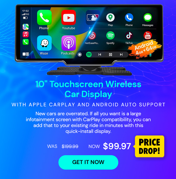 10" Touchscreen Wireless/WiFi/Bluetooth Car Display with Apple CarPlay and Android Auto Support