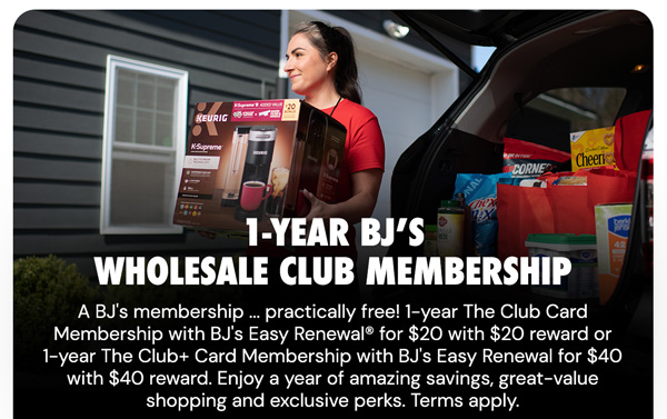 $20 for a one-year The Club Card Membership with BJ’s Easy Renewal®‹ + $20 reward› after making a $60 purchase.