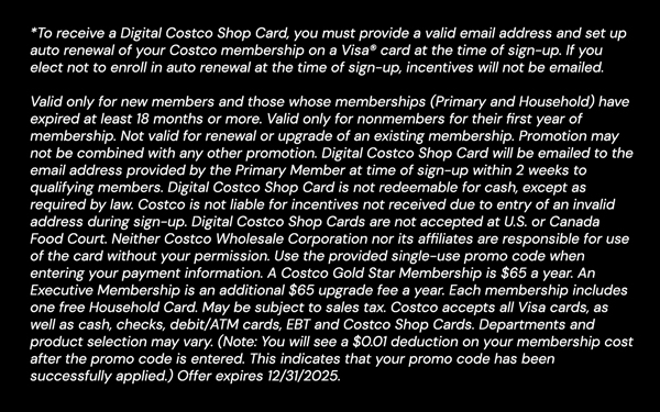 Digital Costco Shop Card Disclaimer | Terms and Conditions Apply - See Website for Details