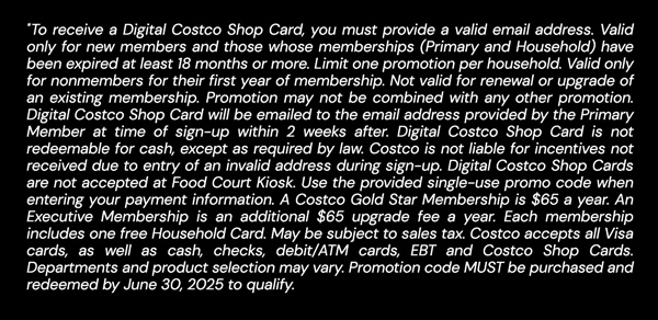 Digital Costco Shop Card Disclaimer | Terms & Conditions Apply - See Website for Details