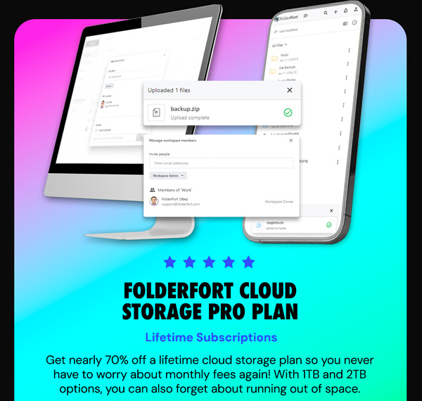FolderFort 1TB or 2TB Cloud Storage Pro Plan: Lifetime Subscription