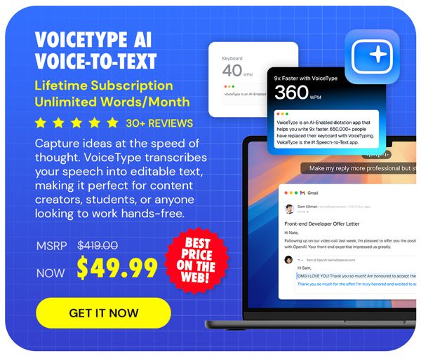 VoiceType AI Voice-to-Text: Lifetime Subscription (Unlimited Words/Month)