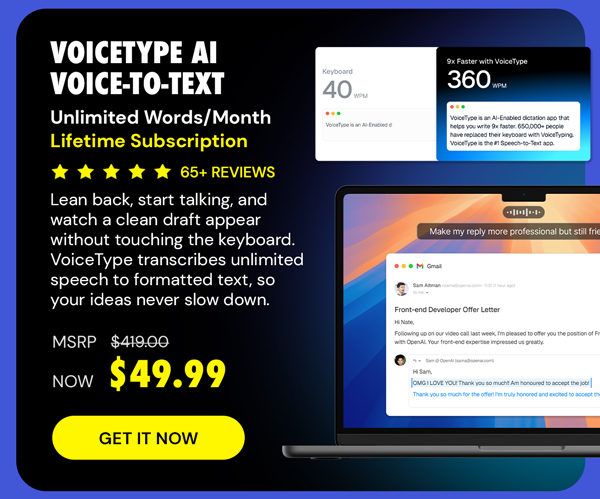 VoiceType AI Voice-to-Text: Lifetime Subscription (Unlimited Words/Month)