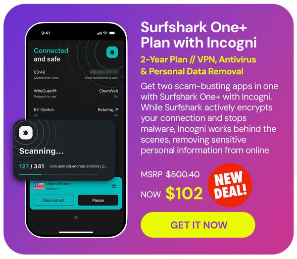Surfshark One+ Plan with Incogni: 2-Year VPN, Antivirus & Personal Data Removal
