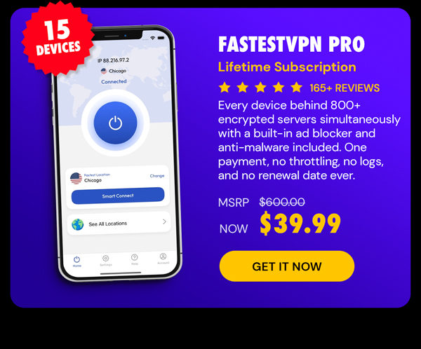 FastestVPN PRO: Lifetime Subscription (15 Devices)