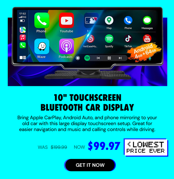 10" Touchscreen Wireless/WiFi/Bluetooth Car Display with Apple CarPlay and Android Auto Support