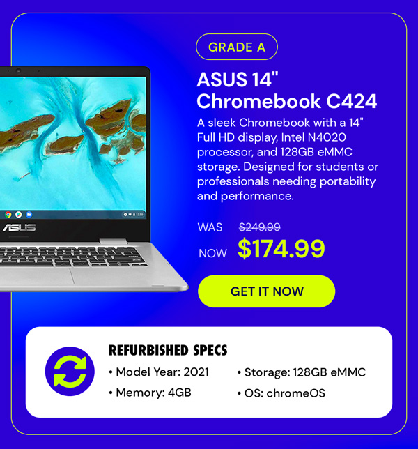 ASUS 14" Chromebook C424 (2021) Intel N4020 4GB RAM 128GB eMMC (Refurbished)