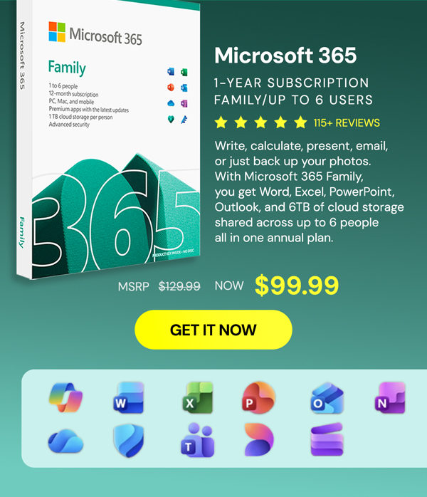 Microsoft 365: 1-Year Subscription (Family/Up to 6 Users)