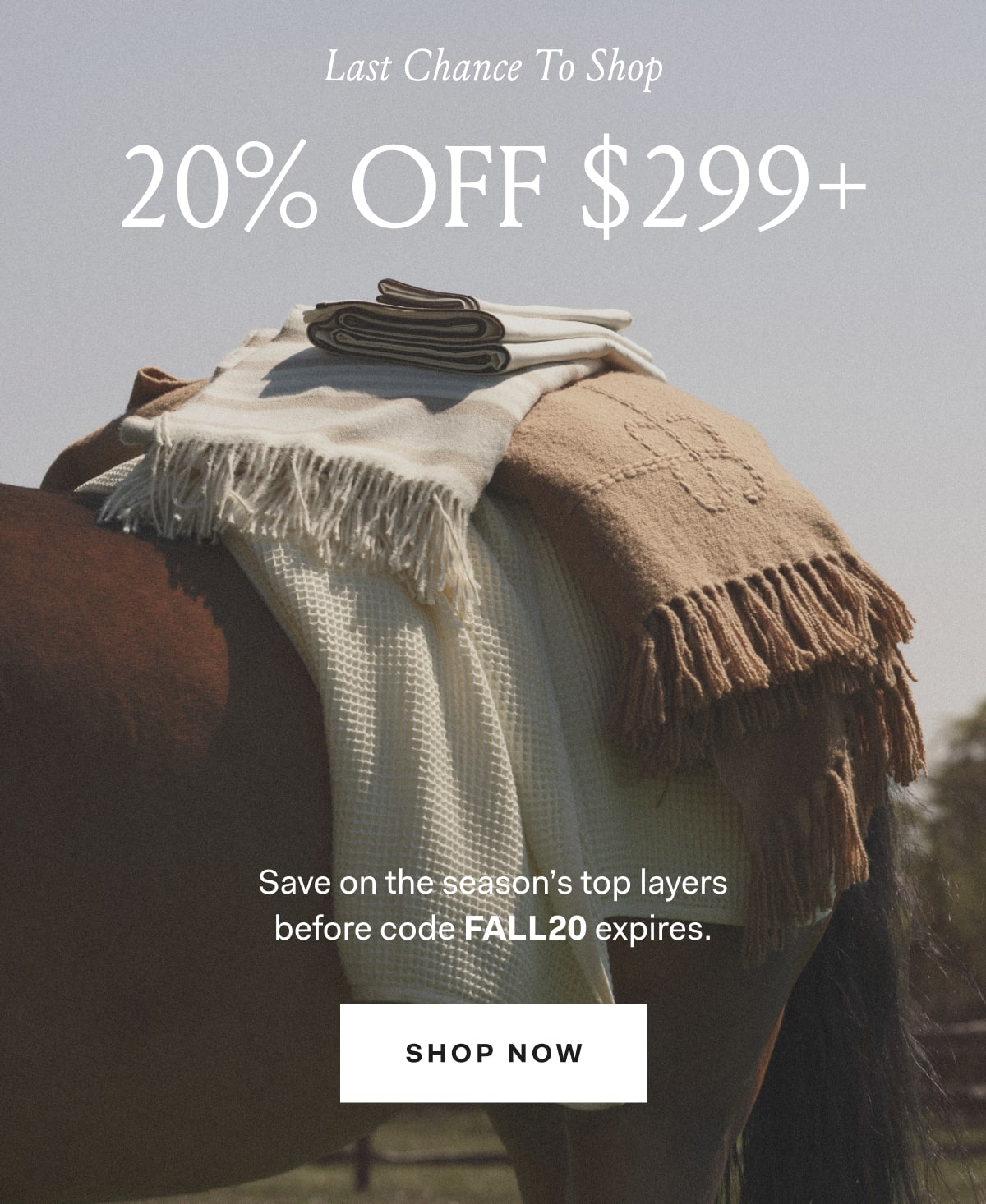 Last Chance To Shop. 0% Off $200+. Save on the season’s top layers before code FALL20 expires. Shop Now button.