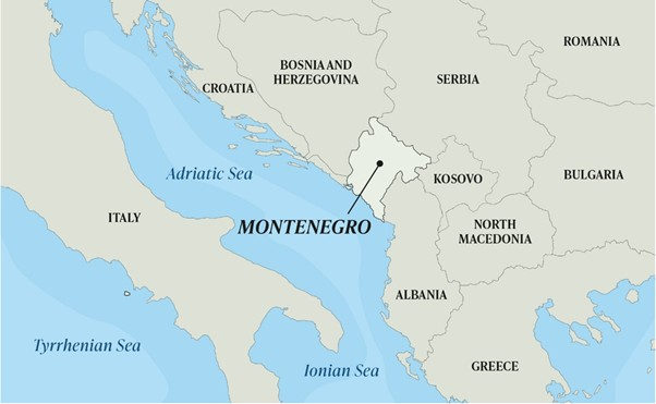 Map showing Montenegro on the Adriatic coast