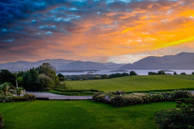European countryside and lake at sunset