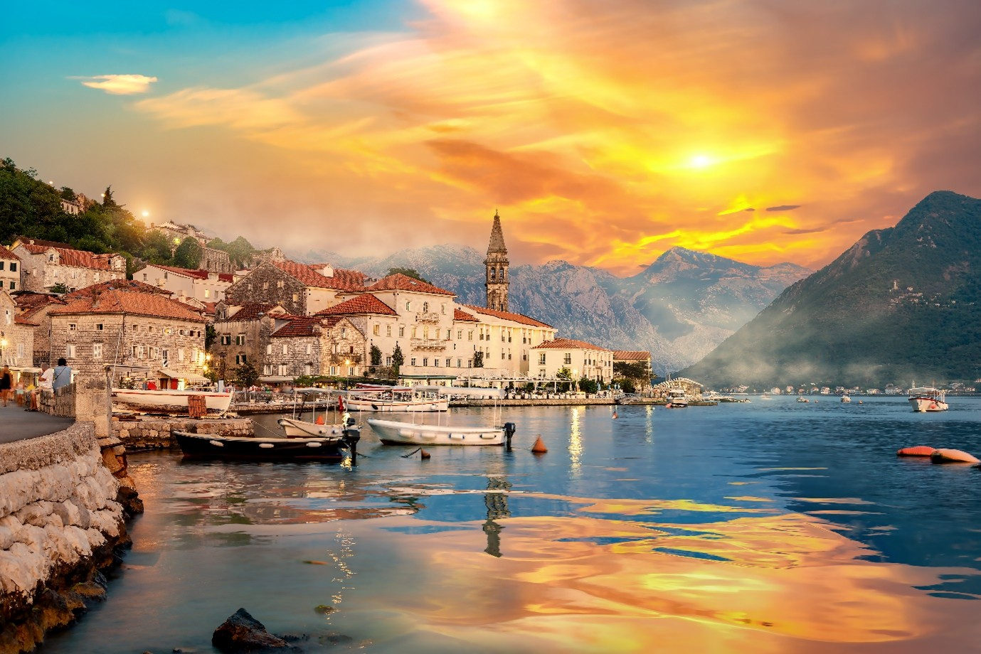 Historic Bay of Kotor coastline at sunset