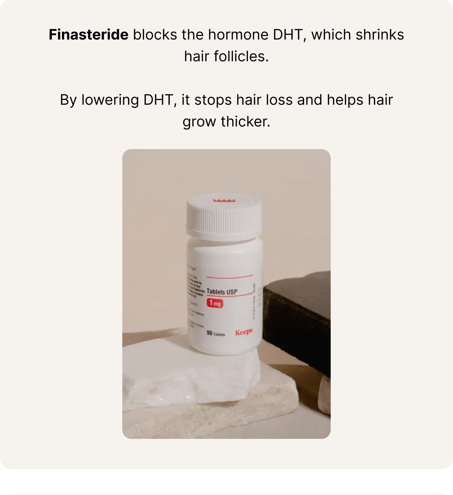 Finasteride blocks the hormone DHT, which shrinks hair follicles.