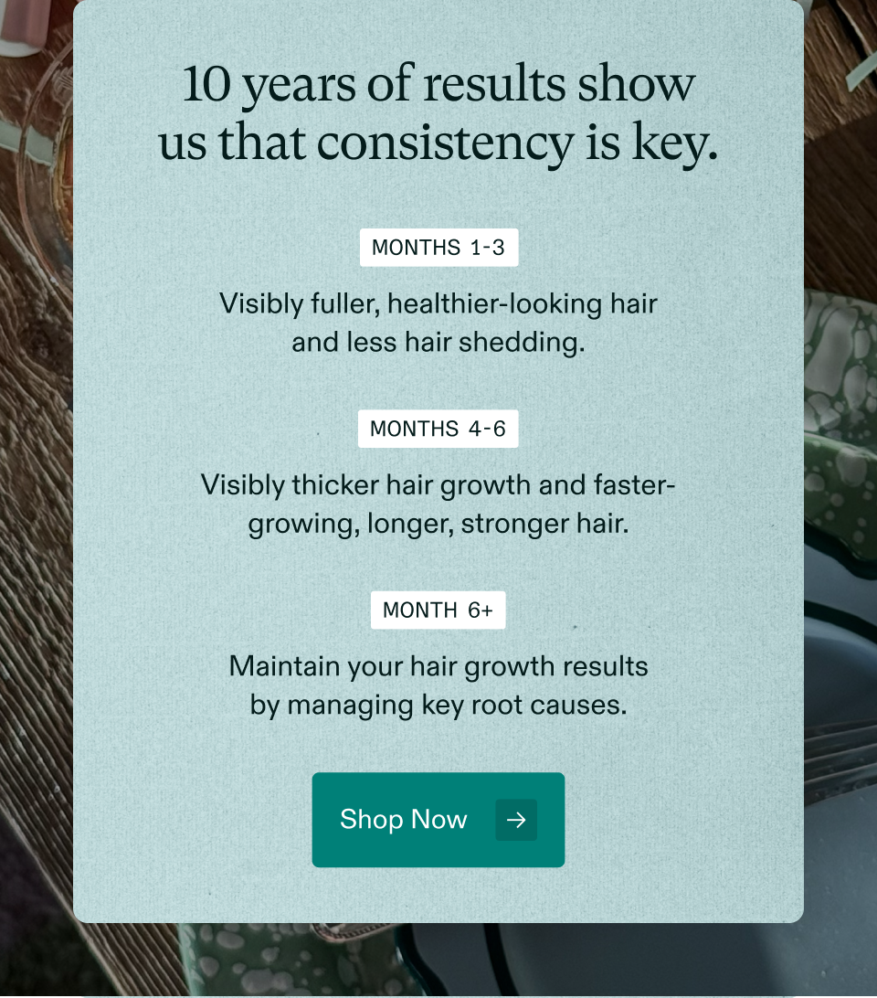 10 years of results show us that consistency is key. Months 1-3 Visibly fuller, healthier-looking hair and less hair shedding. Months 4-6 Visibly thicker hair growth and faster- growing, longer, stronger hair. Month 6+ Maintain your hair growth results by managing key root causes. Shop Now