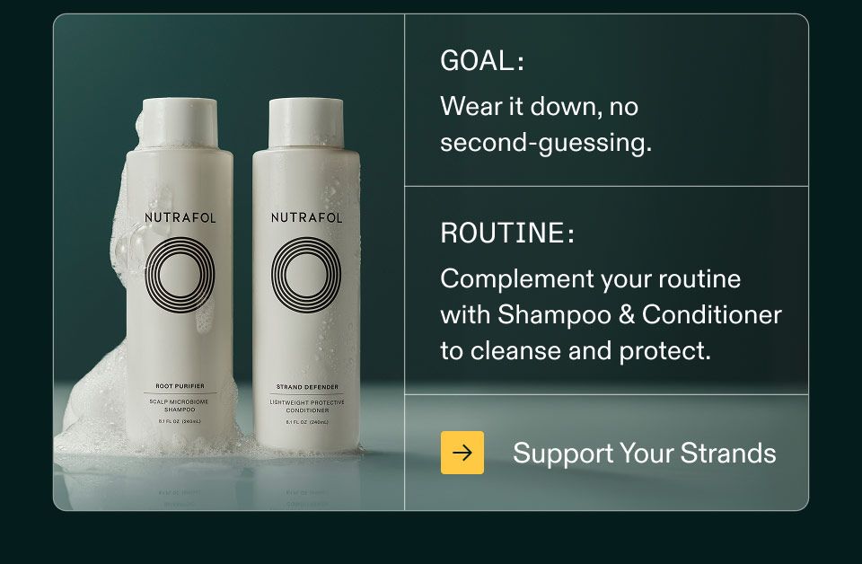 Goal: Wear it down, no second-guessing. Routine: Complement your routine with Shampoo and Conditioner to cleanse and protect. Support Your Strands.