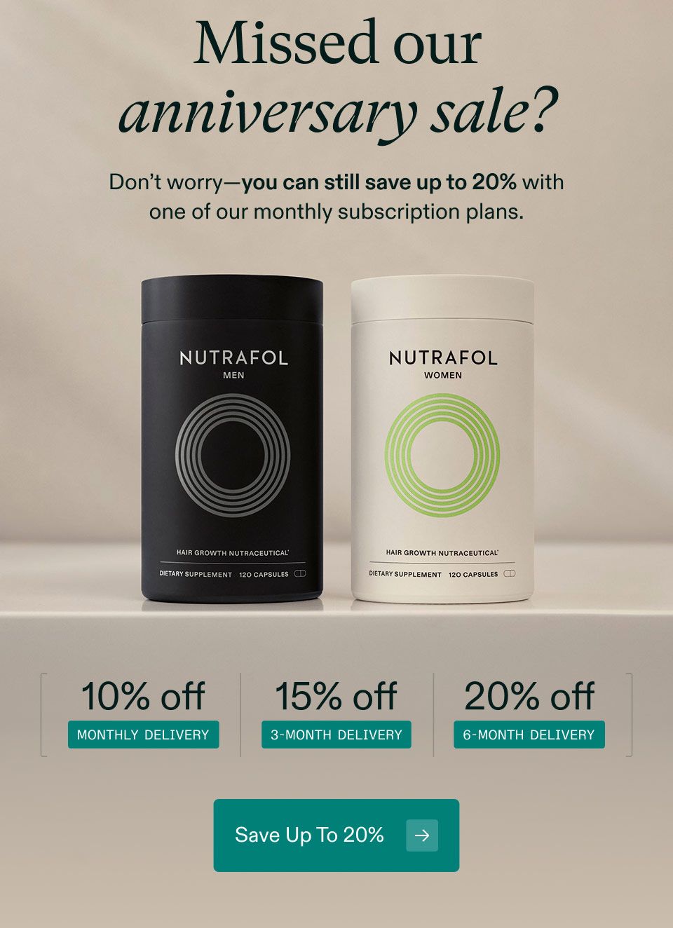 Missed our anniversary sale? Don't worry you can still save up to 20% with one of our monthly subscription plans. 10% off Monthly Delivery, 15% off 3-month delivery, and 20% off 6-month delivery. Save Up To 20%.