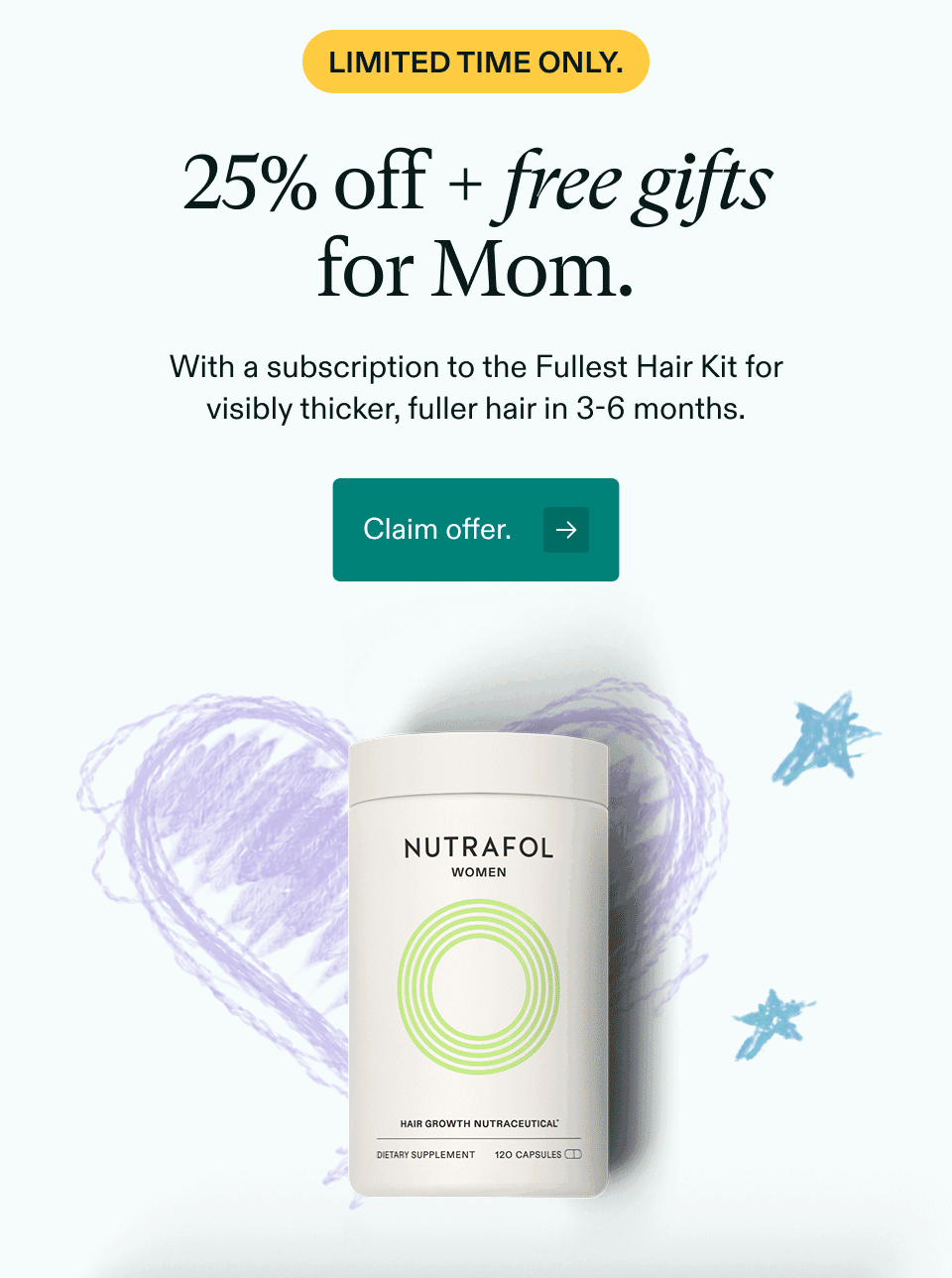 Limited Time Only. 25% off + free gifts for Mom. With a subscription to the Fullest Hair Kit for visibly thicker, fuller hair in 3-6 months. Claim offer.