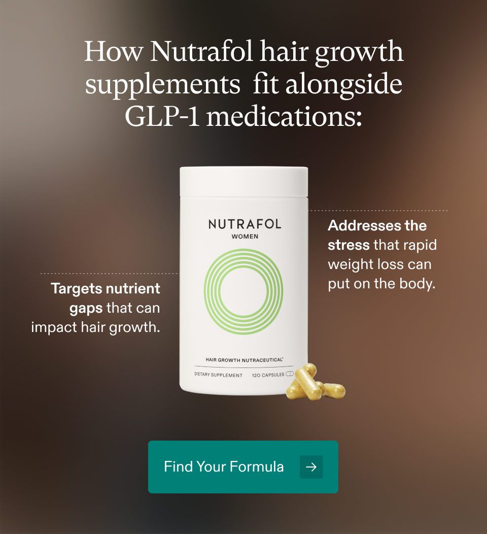 How Nutrafol hair growth supplements fit alongside Glp-1 medications: Nutrafol woman's supplement, targets nutrient gaps that can impact hair growth. Addresses the stress that rapid a weight loss can put on the body. Find Your Formula.