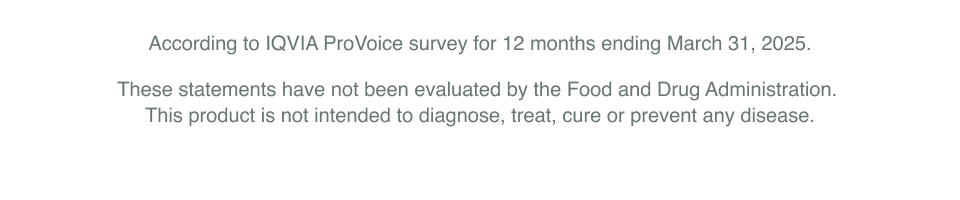  According to IQVIA ProVoice survey for 12 months ending March 31, 2025. These statements have not been evaluated by the Food and Drug Administration.  This product is not intended to diagnose, treat, cure or prevent any disease. 