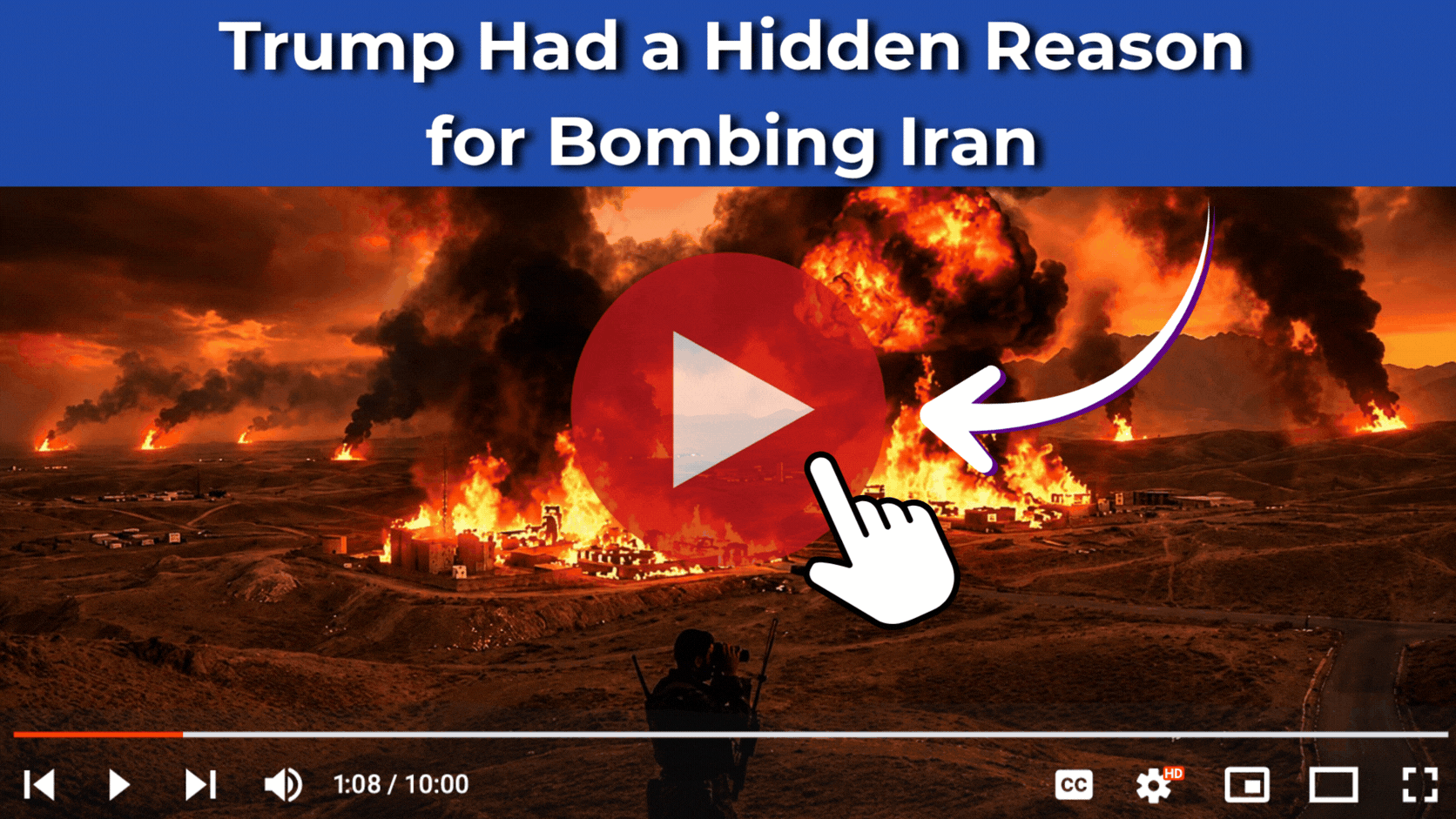 Fiery explosions, smoke, burning buildings, observer with binoculars