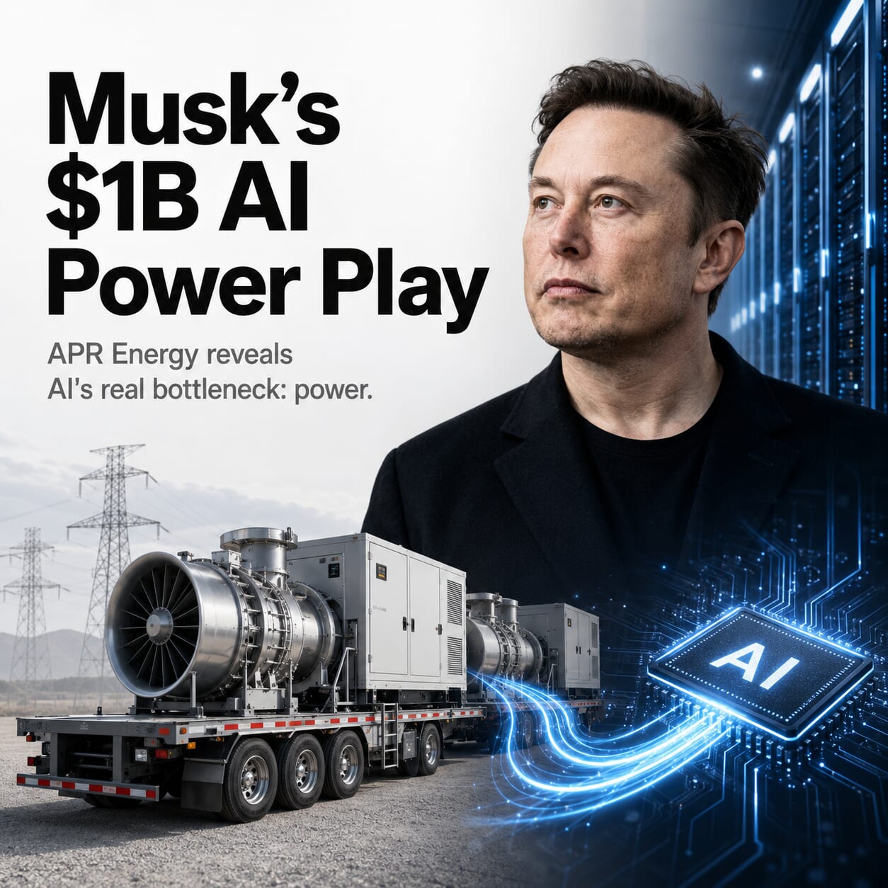 Elon Musk with power generators and AI chip