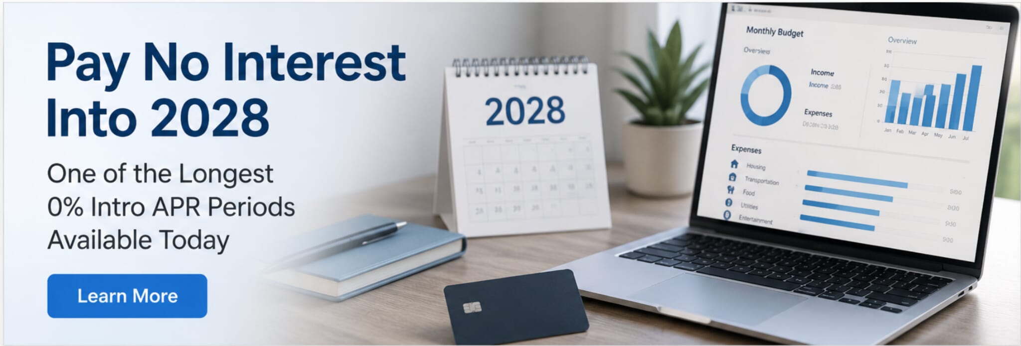 Laptop, calendar, and credit card
