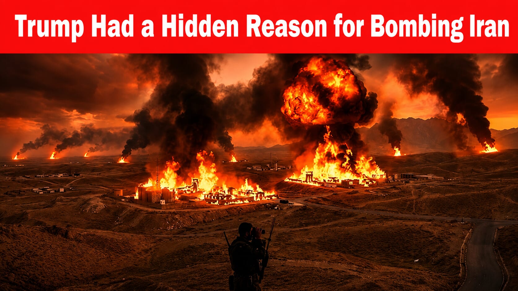 Fiery explosions, smoke, burning buildings, observer with binoculars